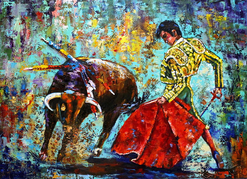 Spanisches Matador-Gemälde, Matador und Stier, Originalgemälde Toreador, Stierkämpfer-Wandkunst, figurative Malerei, mexikanische Stierkämpfer-Gemälde HD-Hintergrundbild