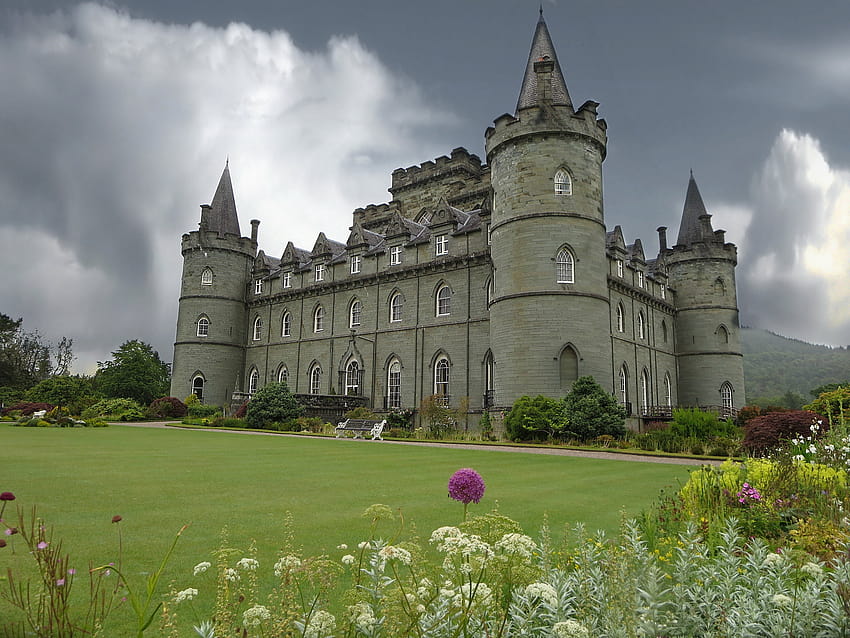 : old, garden, building, Scotland, castle, British, UK, monastery, palace, chateau, Abbey, estate, cloudy, day, gb, drama, stately home, argyll, greenock, inverary, historial, inverarycastle, britishisle 4000x3000, old palace HD wallpaper