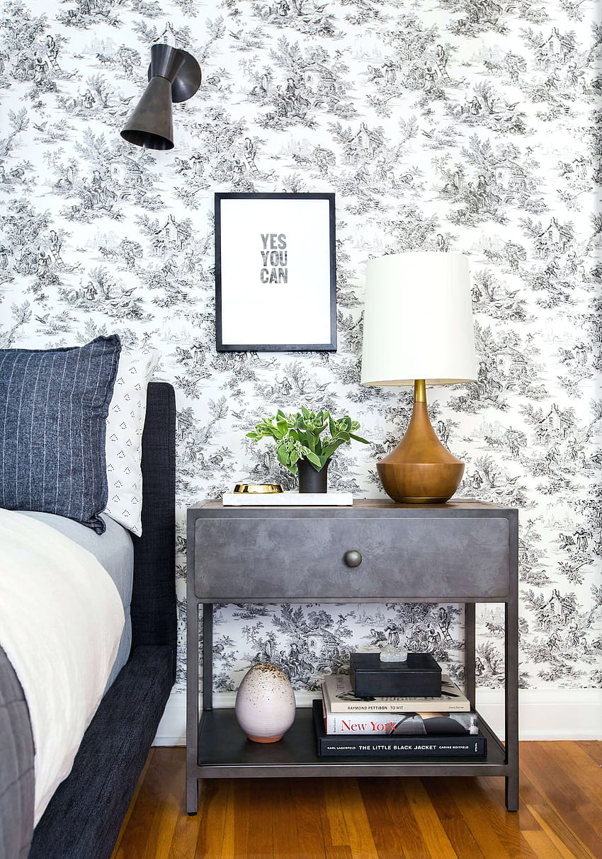 Cozy bohemian master bedroom interior with Grey Speckle removable wall