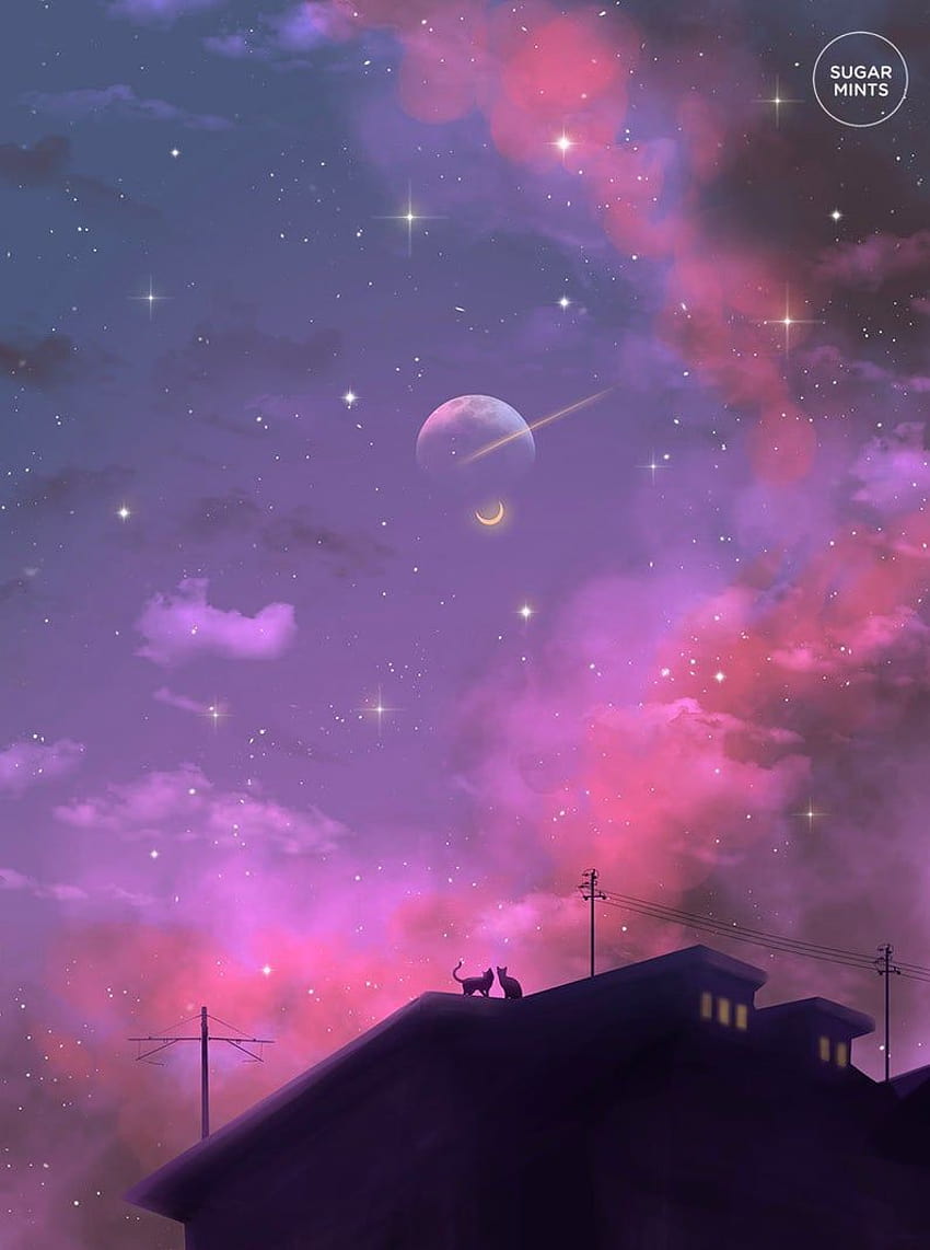 Anime Art Postcard: Starcrossed Cats in ...pinterest, anime purpurowe niebo Tapeta na telefon HD