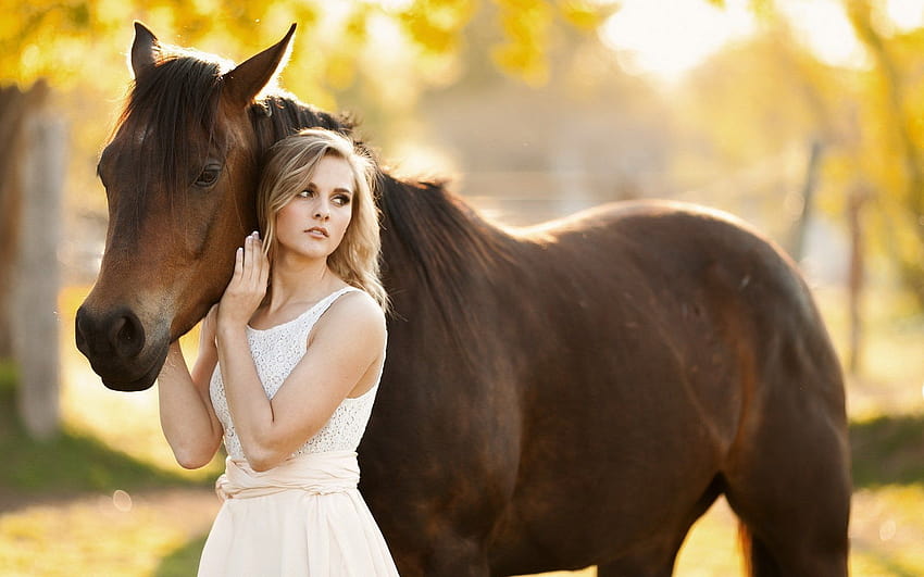 Horse Blonde Girl Bokeh, women horse HD wallpaper