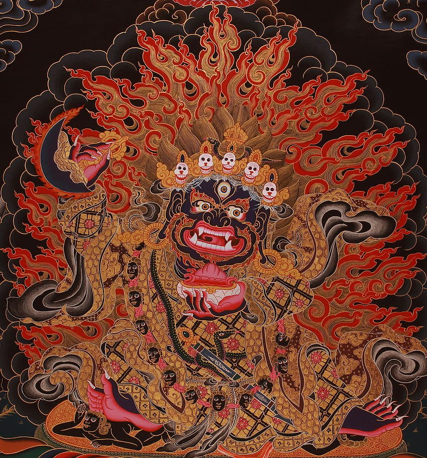 Mahakala, gniewny obrońca dharmy w buddyzmie tybetańskim. Jego korona z czaszek reprezentująca transm… Tapeta na telefon HD