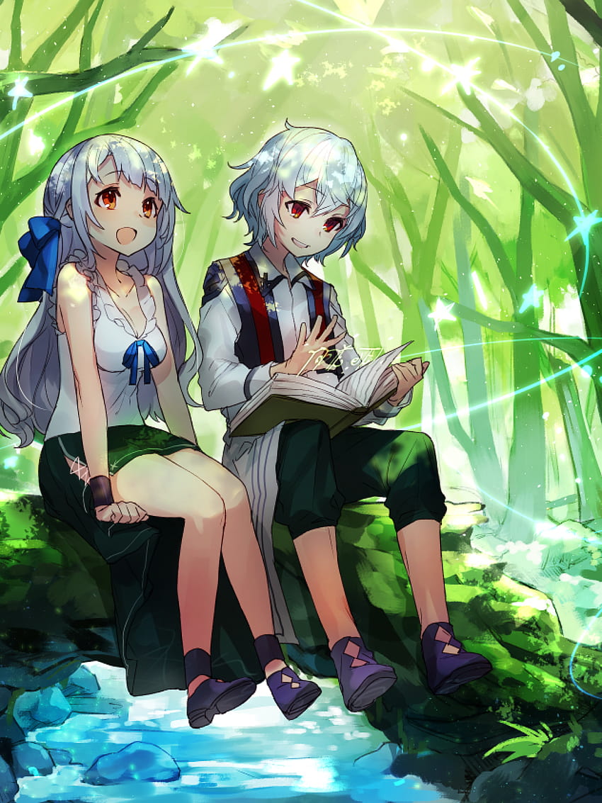 1536x2048 Anime Twins, Girl And Boy, Forest, Reading A Book, Landscape für Apple iPad Mini, Apple IPad 3,4 HD-Handy-Hintergrundbild