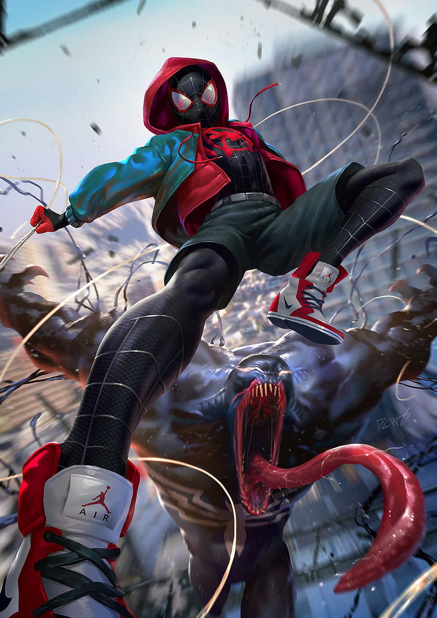Venom poster digital art Miles Morales Derrick Chew, spider man nike HD phone wallpaper