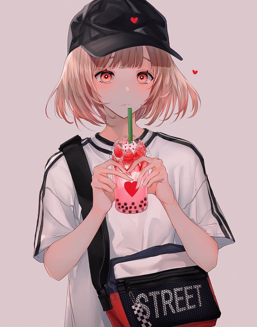 Des niedlichen Anime-Mädchens, das Bubble Tea trinkt, Mädchen boba HD-Handy-Hintergrundbild