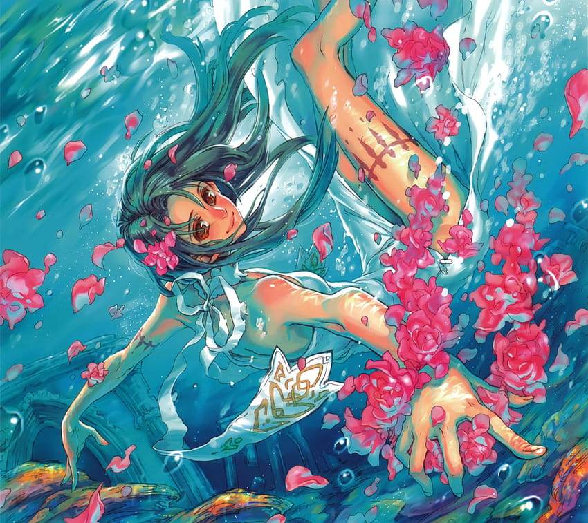 flowers, red eyes, smiling, anime girls, underwater, Midori Foo HD wallpaper