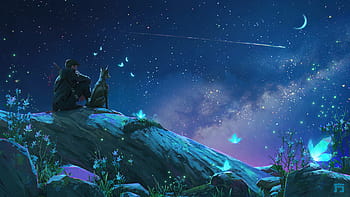 Anime Night Stars Sky Clouds Scenery 4K Wallpaper iPhone HD Phone #7720i