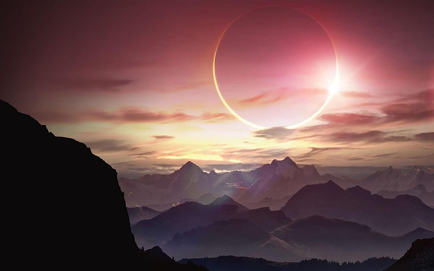 Montagnes grises, éclipse, éclipse solaire, œuvres d'art, fantaisie, art de l'éclipse Fond d'écran HD