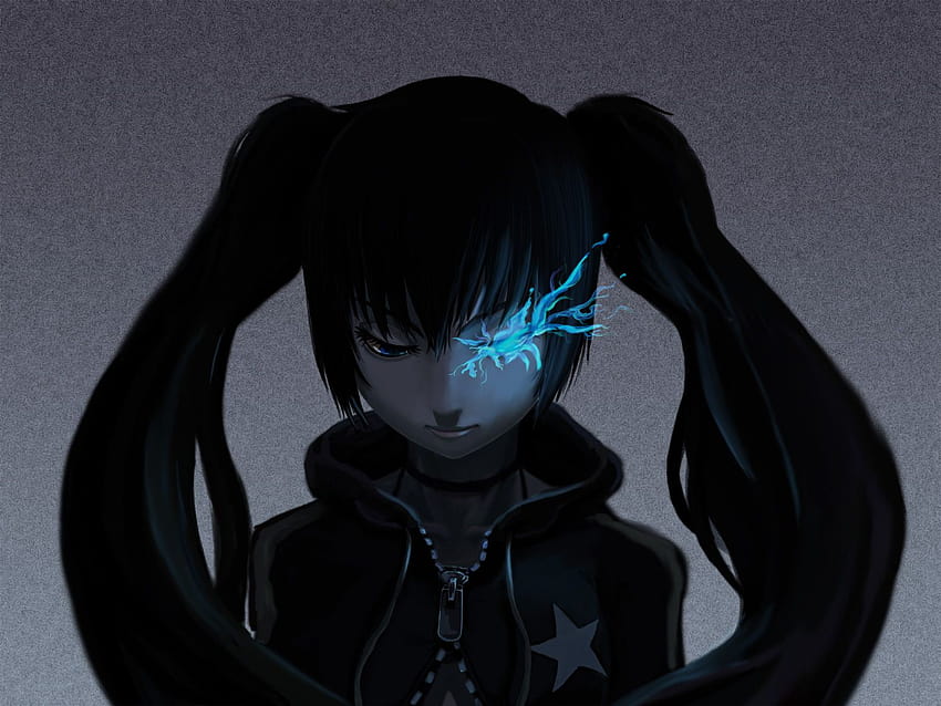 flames, dark, Black Rock Shooter, stars, blue eyes, long hair, long hair hoodie anime dark HD wallpaper