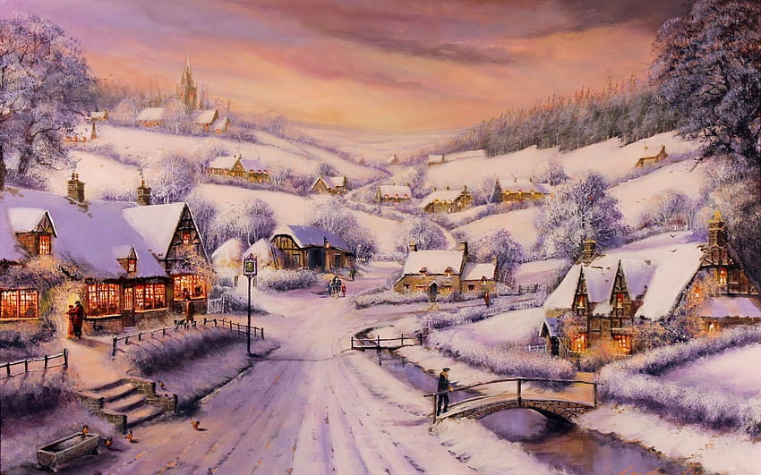 Gordon Lees art paintings christmas snow houses rustic, snowy christmas night art HD wallpaper