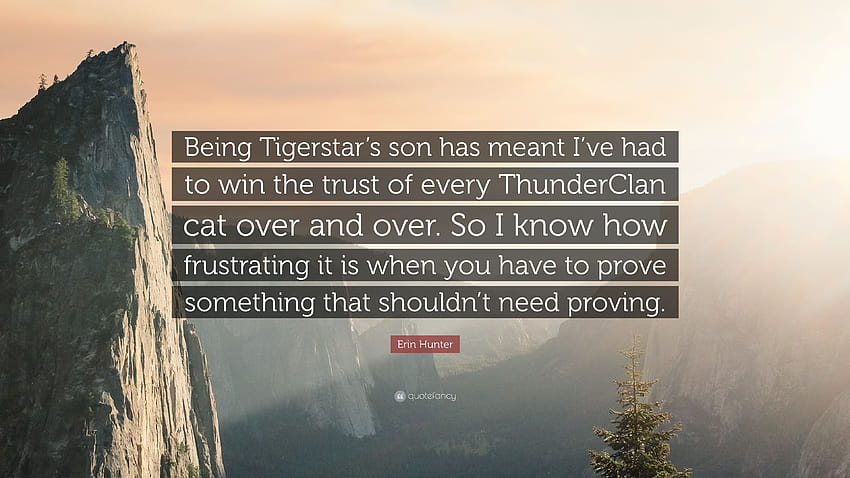 Erin Hunter Cytaty: „Bycie synem Tygrysiej Gwiazdy oznaczało, że musiałem wielokrotnie zdobywać zaufanie każdego kota z Klanu Pioruna. Więc wiem, jak frustrujące…” Tapeta HD