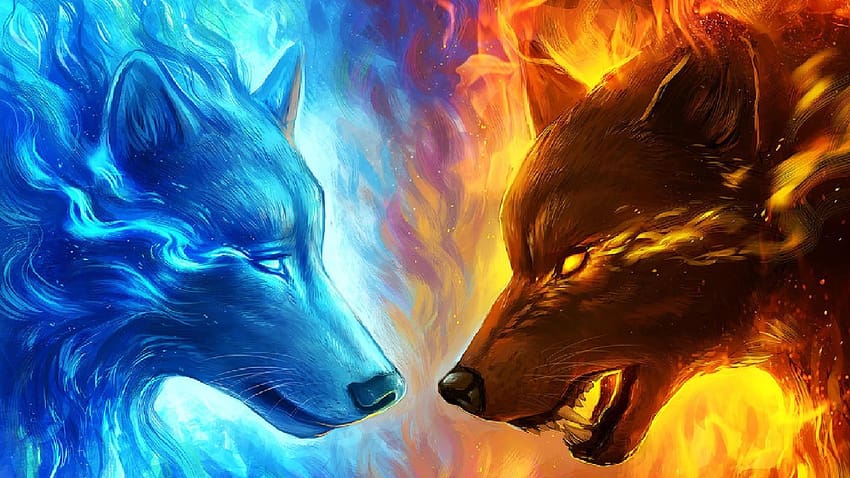 lobo de hielo vs. Lobo de fuego fondo de pantalla