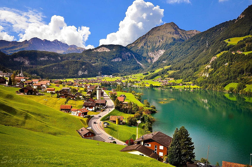 スイス ルンガーンの風景 自然の美しさ 素晴らしい山の空、ルンガーン スイス 高画質の壁紙