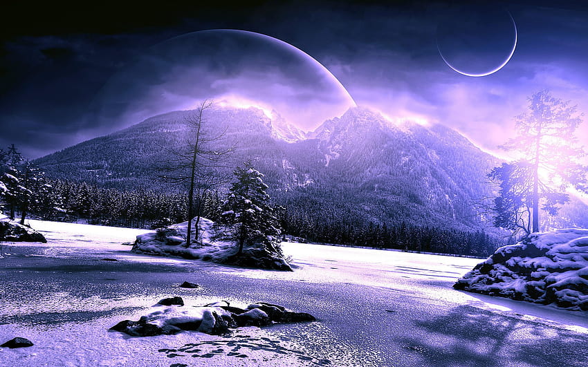 : mountains, digital art, night, planet, snow, winter, space art, moonlight, atmosphere, Aurora, weather, screenshot, computer 1920x1200, winter digital HD wallpaper