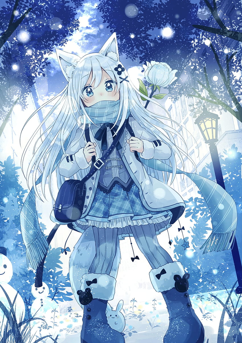 Ekor, Gadis Anime, Rambut Putih, Telinga Hewan, Salju, Manusia Salju, Musim Dingin, salju anime putih wallpaper ponsel HD