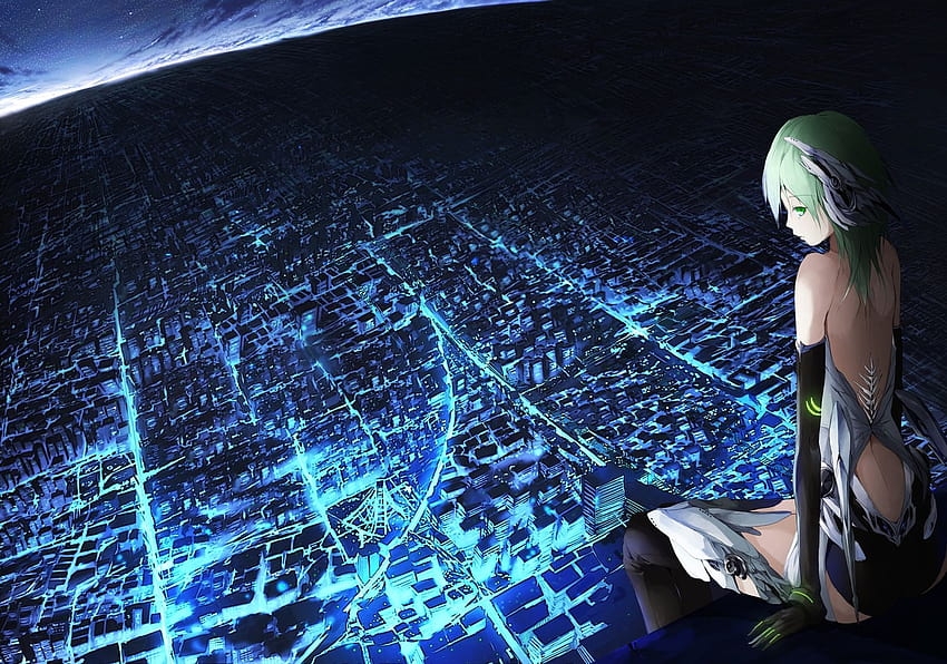 building city elbow gloves gloves green eyes green hair original rooftop short hair thighhighs tyappygain, anime rooftop city HD wallpaper