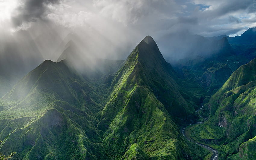 2560x1600 reunion island, mountains, clouds, graphy, island, valley, sun rays, nature, landscape HD wallpaper