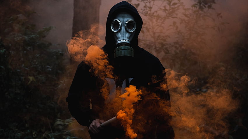 Hombre con máscara, chaqueta negra, lata de humo, oscuro, humo naranja, gráfico fondo de pantalla
