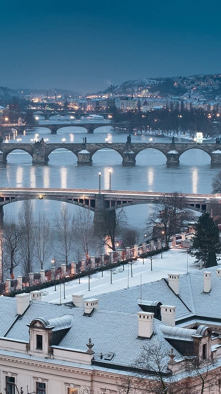 Czech Republic, Prague, cityscape, winter, snow, bridge, river 750x1334 iPhone 8/7/6/6S , background, winter prague HD phone wallpaper