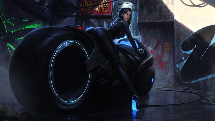 mädchen, kunst, fantasie, cyberbike, fahrrad, cyberpunk, cyberpunk mädchen futuristisches motorrad HD-Hintergrundbild