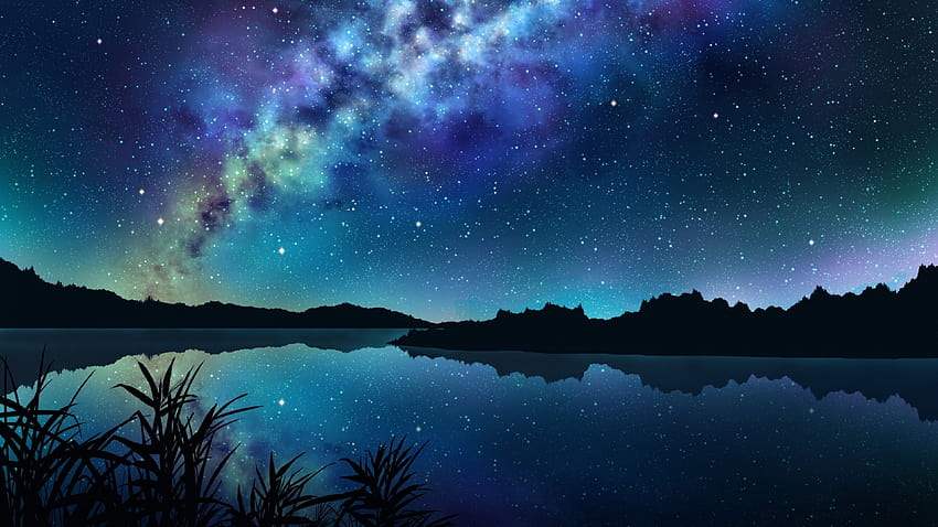 3840x2160 Anime-Landschaft, Fluss, Nacht, Sterne, Reflexion für U-TV, Anime-Fluss HD-Hintergrundbild