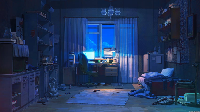 Anime sypialnia z telewizorem, ciemny pokój Tapeta HD