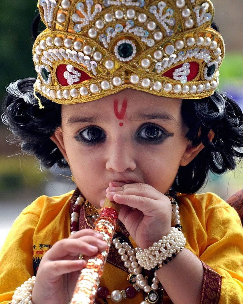 행복한 Janmashtami: Radha, Krishna & Meera, 어린이 크리슈나로 옷을 입은 귀여운 아이들 HD 전화 배경 화면