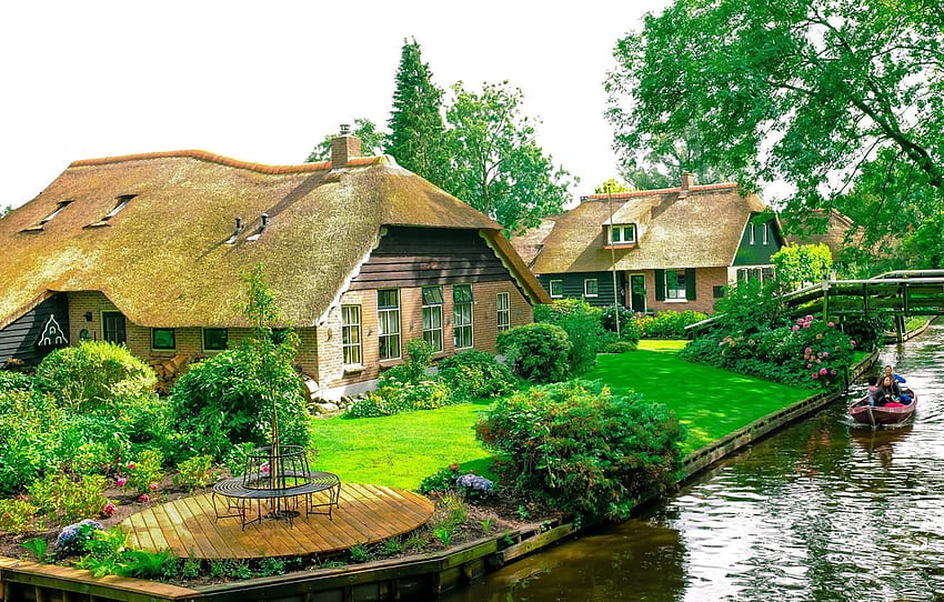 casa, Paesi Bassi, Olanda, canale d'acqua, Giethoorn Sfondo HD