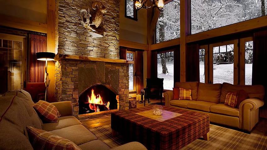 Al Cabin Snow con Fireplace Sound, finestra del camino invernale Sfondo HD