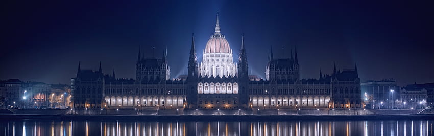 ハンガリー、ブダペスト、建物、川、イルミネーション、夜 3840x1200 マルチ モニター パノラマ、ブダペストの冬 高画質の壁紙