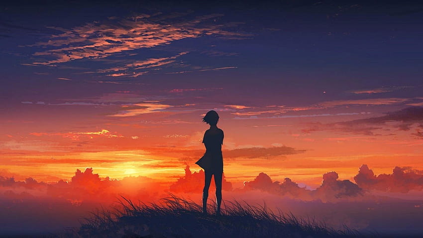 anime nature sunset sky der wanderer ber dem nebelmeer and HD wallpaper