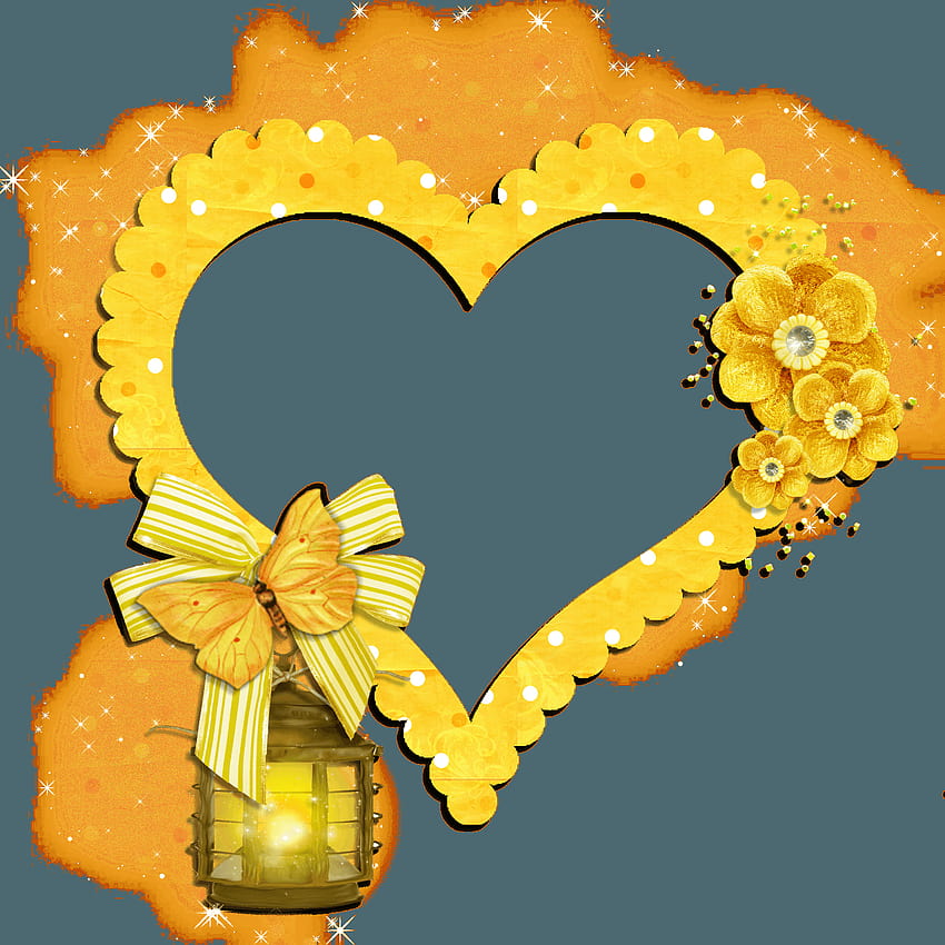 Przezroczysta ramka Żółte serce z kwiatami motyli i żółtymi sercami Tapeta na telefon HD
