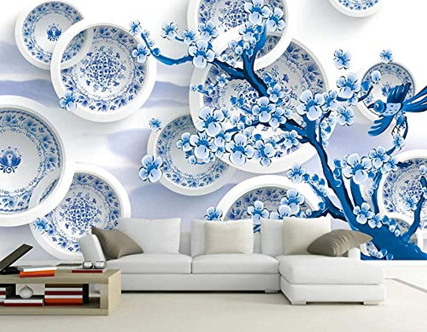 Wall Mural 3D Blue Porcelain Disc Flower Modern Minimalist W – EK CHIC HOME HD wallpaper