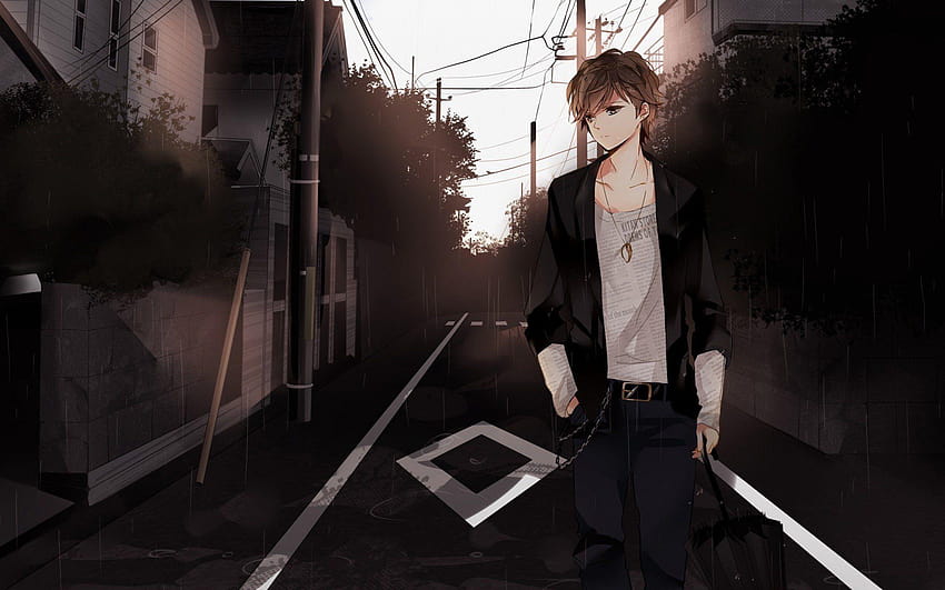 Anime chłopiec brązowe włosy brązowe oczy spacer ulicą, anime smutny człowiek Tapeta HD