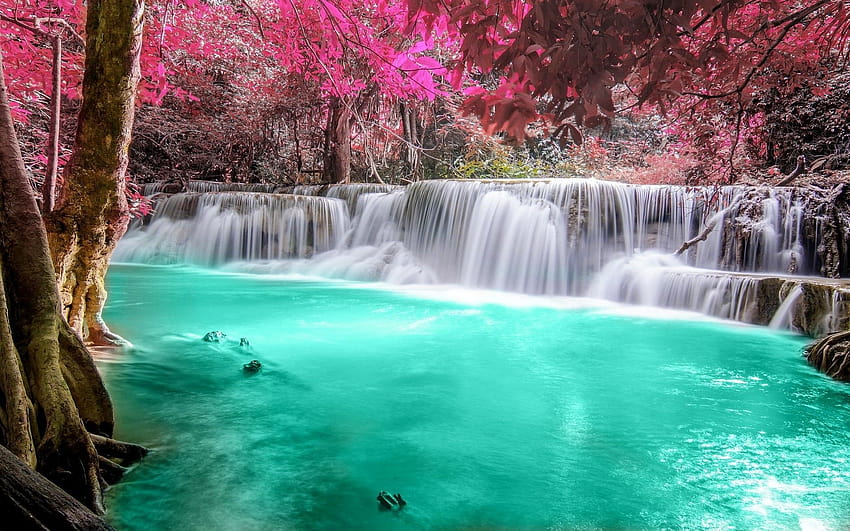 водопад, Гора, Цветен, Природа, Тайланд, Дървета, Пейзаж, Розово, Тюркоаз, Бяло, Тропически, Р…, екзотичен водопад и езеро HD тапет