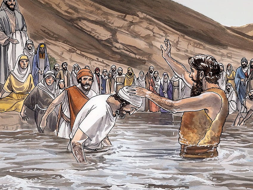 İncil :: Vaftizci Yahya'nın hizmeti :: Vaftizci Yahya Yahudiye çölünde vaaz vermeye başlar ve kalabalıklar onu duymaya ve vaftiz olmaya gelir HD duvar kağıdı