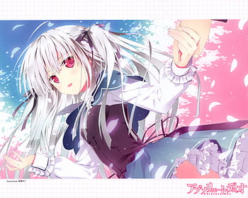 Julie Sigtuna, julie, silver hair, pink, ecchi, bed, absolute duo, red  eyes, HD wallpaper