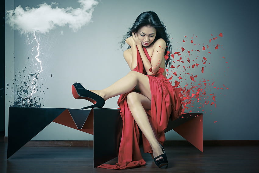 asian, high heels, Louboutin, legs, bare shoulders, sitting, manipulation, red dress, women ::, high heels women HD wallpaper