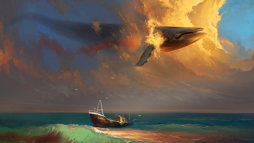 Flying fantasy art whales HD wallpaper