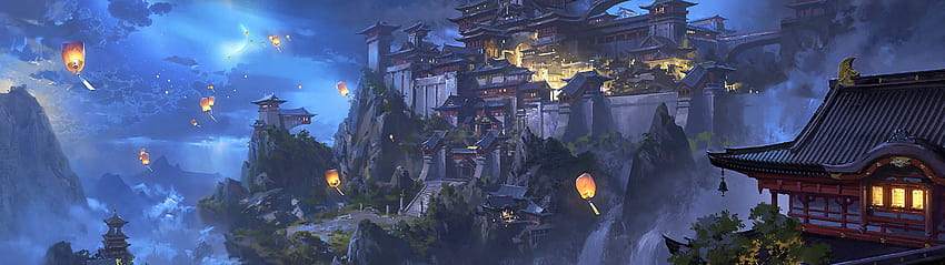Paisaje de la noche del castillo japonés de la montaña de la linterna del cielo del anime, paisaje japonés del anime fondo de pantalla