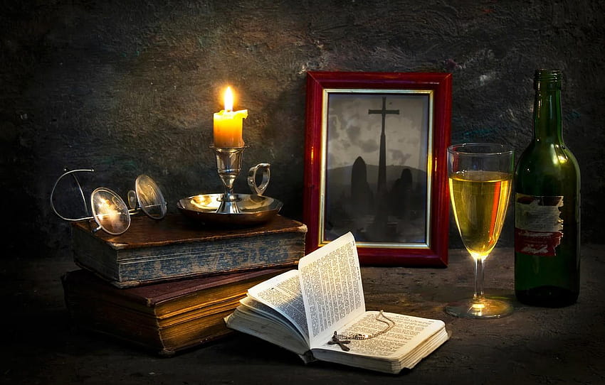 books, candle, cross, The pastor's abode for HD wallpaper