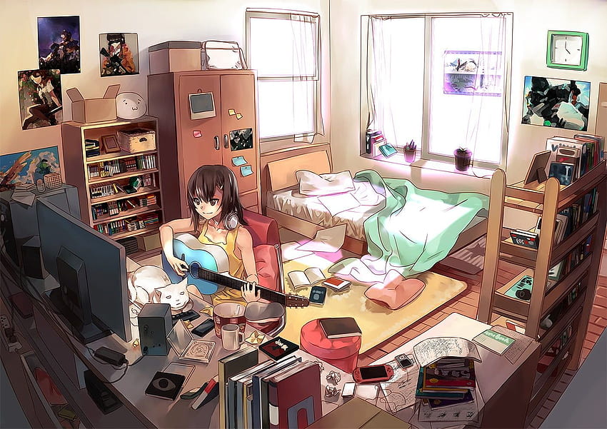 Dziewczyna ubrana w żółtą koszulę bez rękawów, grająca na gitarze przed sypialnią anime Tapeta HD