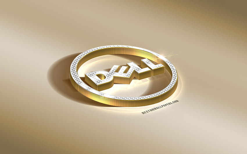 Logotipo 3d de Dell, dorado, logotipo de diamantes de Dell, logotipo redondo de Dell, Dell, arte creativo, emblema de Dell con una resolución de 2880x1800. Logotipo fondo de pantalla