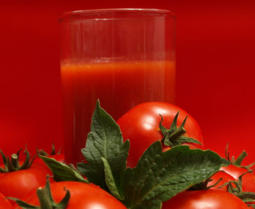 : tomatoes, juice, glass, red background, vegetables 5481x4497, juice glass HD wallpaper