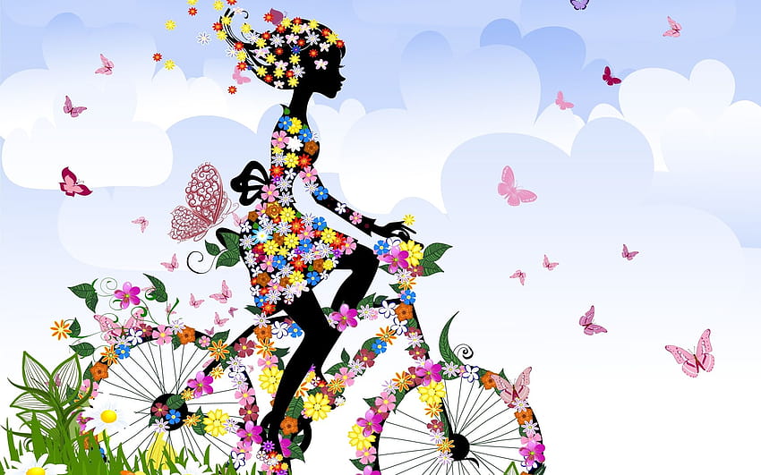 аниме, карикатура, вектор, абстрактно, изкуство, превозни средства, велосипед, езда, момиче през пролетта HD тапет