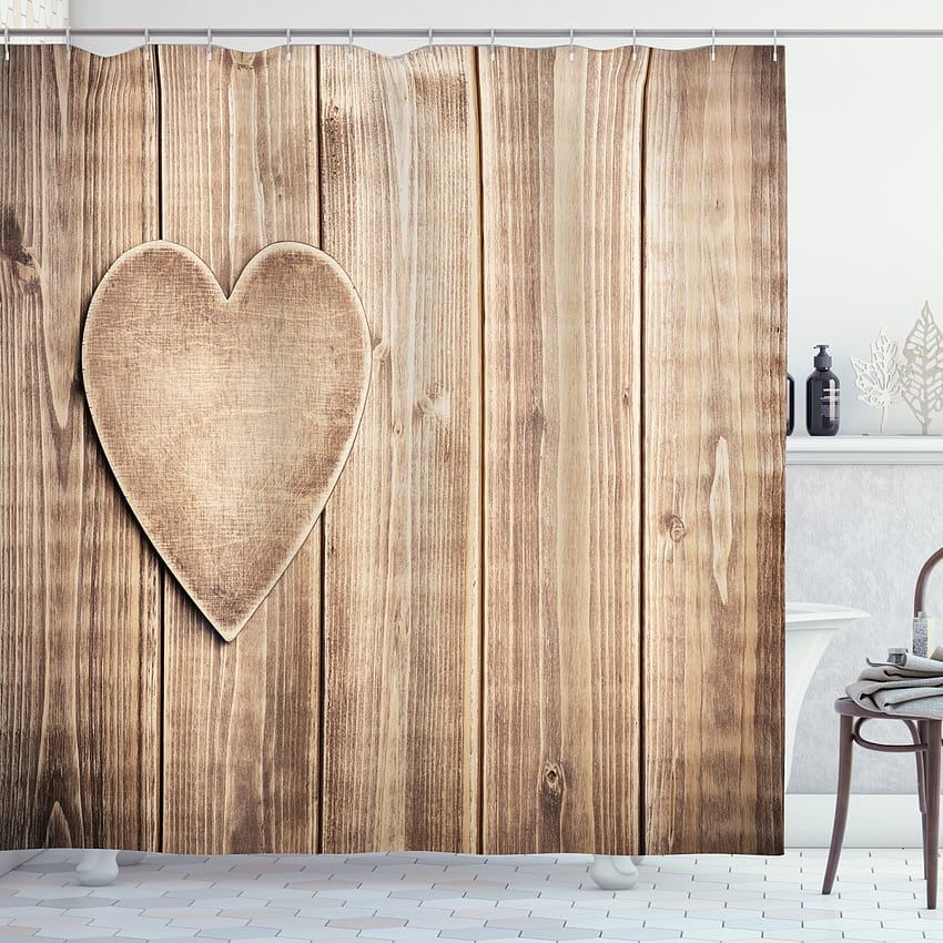 Valentines Day Shower Curtain, Rustic Heart over Wooden Planks Backgrounds Lovers Corner Romantic Celebration Print, Fabric Bathroom Set with Hooks, 69W X 70L Inches, Tan, by Ambesonne HD phone wallpaper