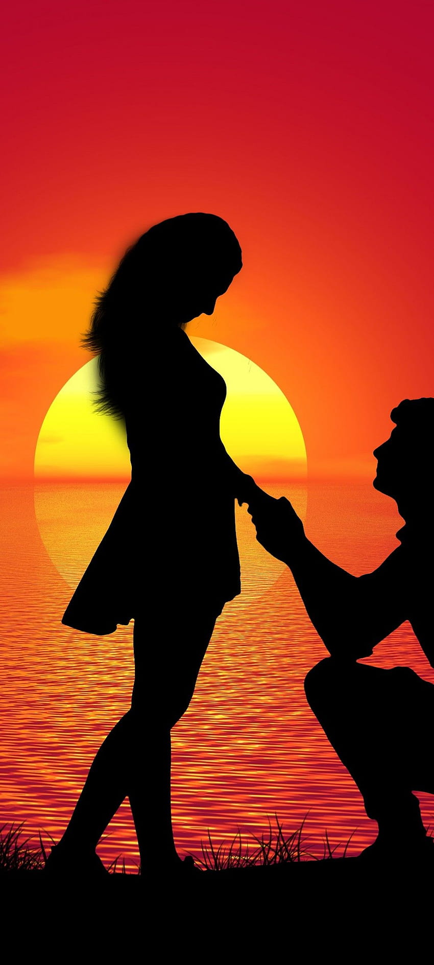 Couple , Sunset, Proposal, Silhouette, Romantic, Lovers, Together, Love HD phone wallpaper