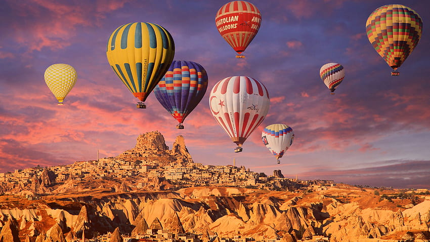 Hot air balloons , Cappadocia, Golden hour, Rock formations, Town, Tourist attraction, World HD wallpaper