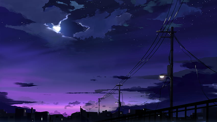Power Lines Moon Anime Dość noc, artysta, tła i nocne anime Tapeta HD