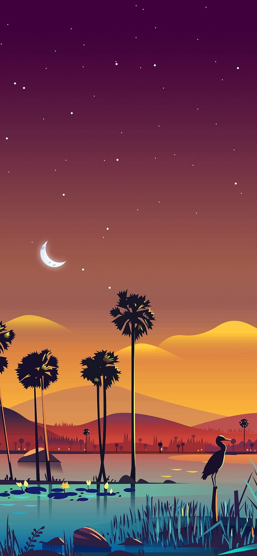 Pustynna nocna oaza z palmami, sztuka pustynna Tapeta na telefon HD